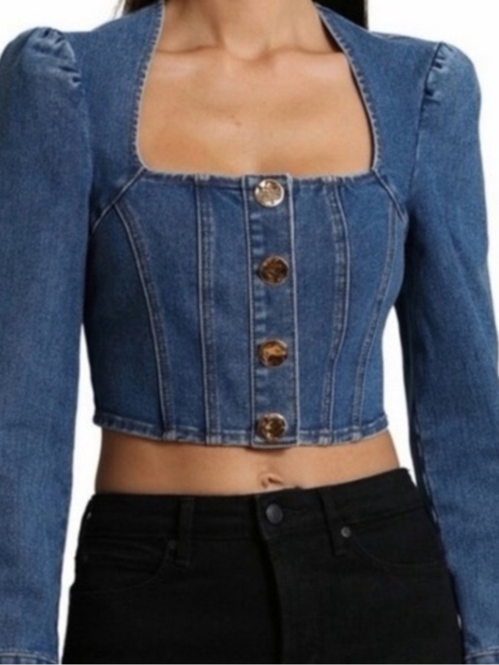 NWT Avec Les Filles Blue Denim Cropped Button-Down Shirt
